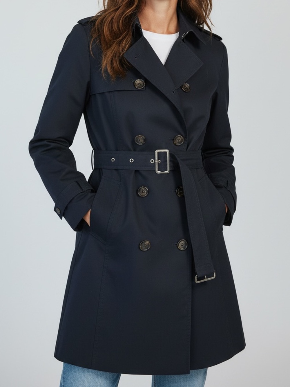 Stradivarius Classic Double-Breasted Trench Coat - Navy Light Belt